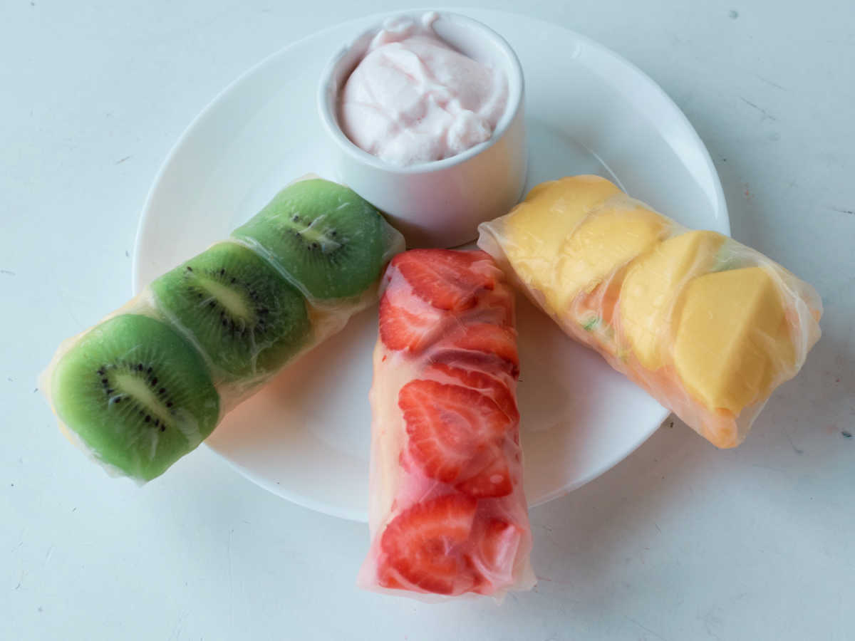 fruit salad spring rolls with yogurt dip