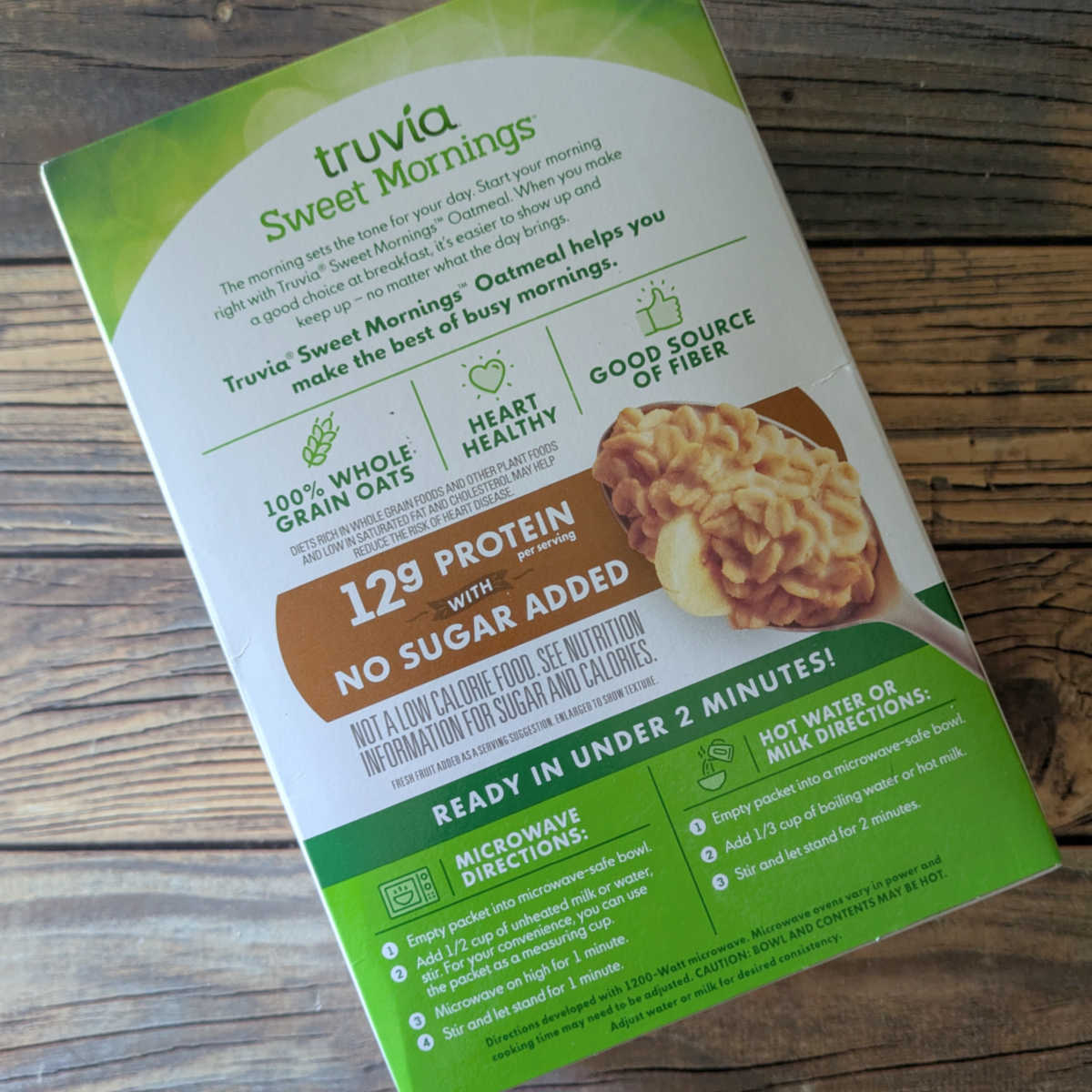 back of truvia sweet mornings instant oatmeal box