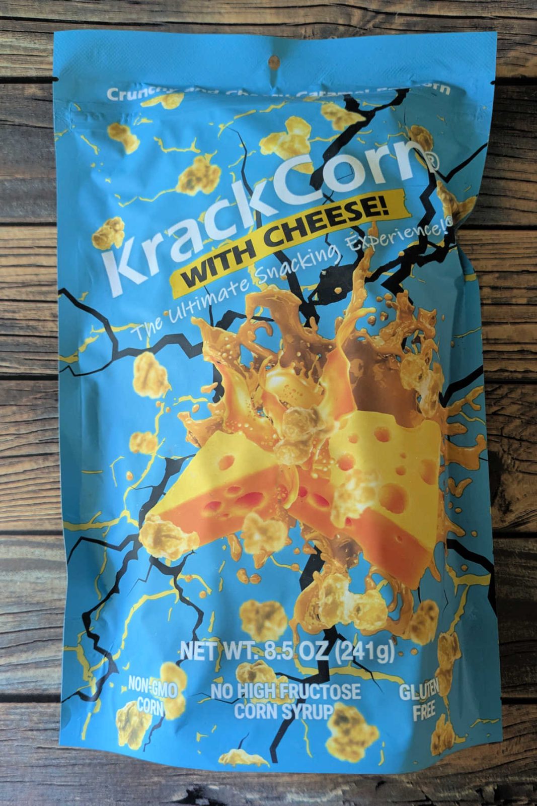 KrackCorn with Cheese is a sweet and salty popcorn snack. It offers the fun flavor combination of sweet caramel and savory cheese, all while being gluten-free.