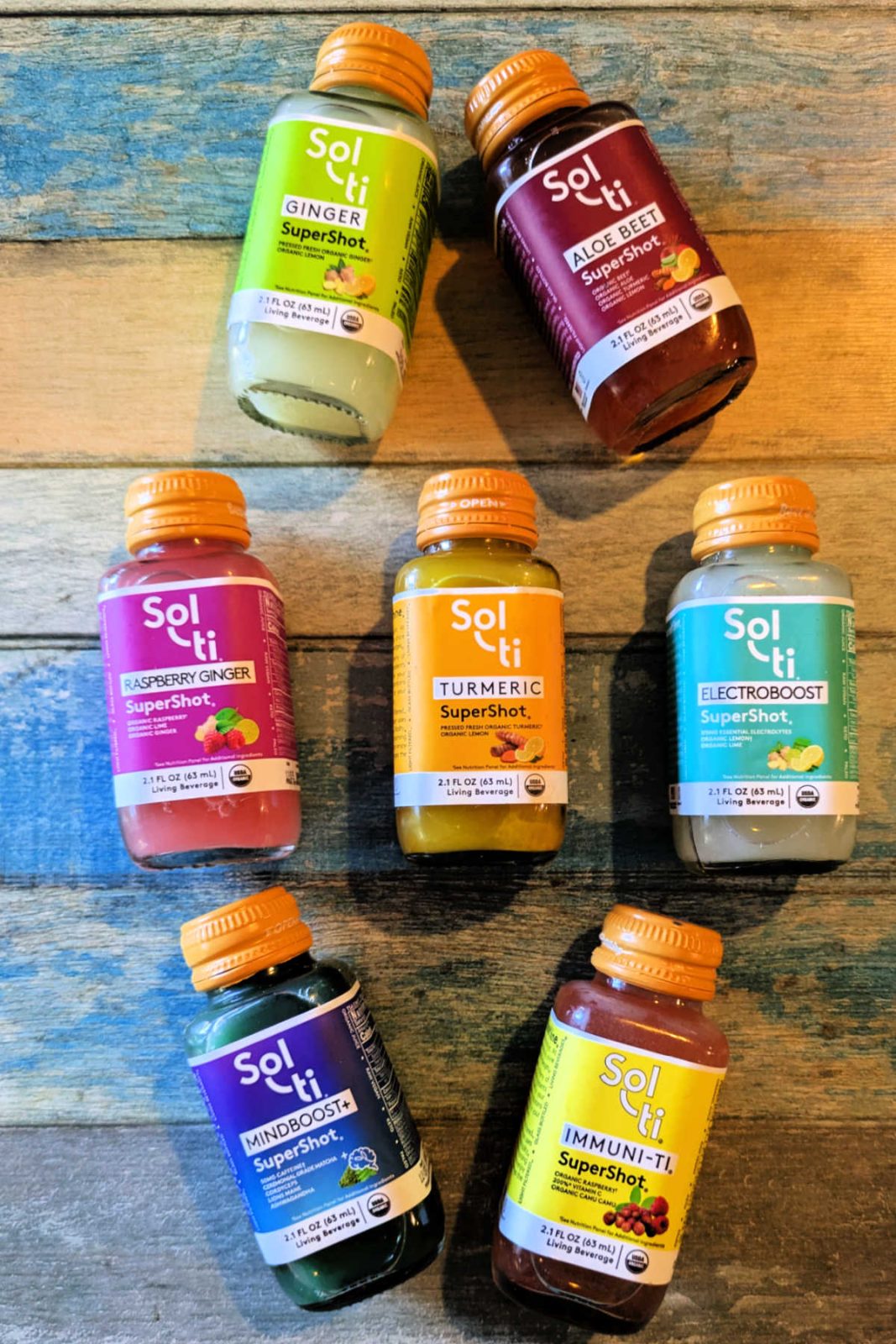 Sol-ti SuperShots are little shots of cold-pressed juice with extras. Packed with fresh-tasting, powerful flavors like Ginger, they come in eco-friendly glass bottles. No sweeteners or added water - just the good stuff.