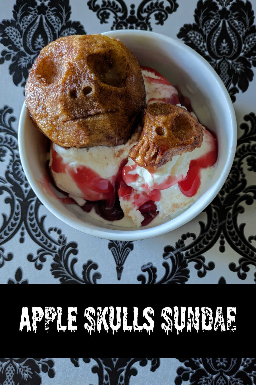 Carve, bake, and serve! Learn how to make adorable (and delicious) Baked Apple Skulls served warm atop a vanilla ice cream sundae dripping with "blood" syrup. A fun, easy Halloween dessert!