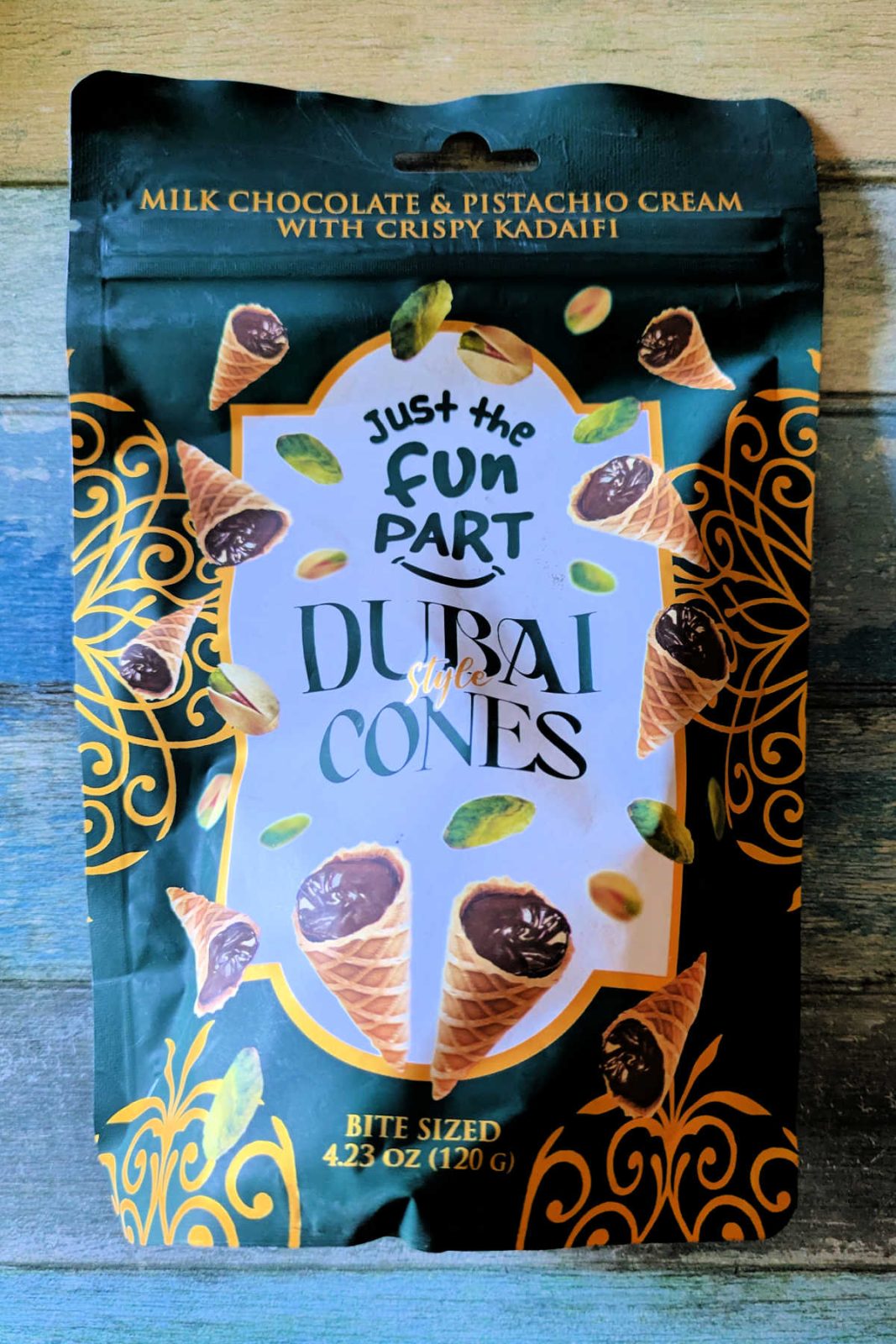 Meet the viral sensation! Just The Fun Part Dubai Cones are crunchy mini waffle cones filled with pistachio cream and topped with Belgian milk chocolate. They are a wonderful bite-sized treat, little gift, or stocking stuffer!