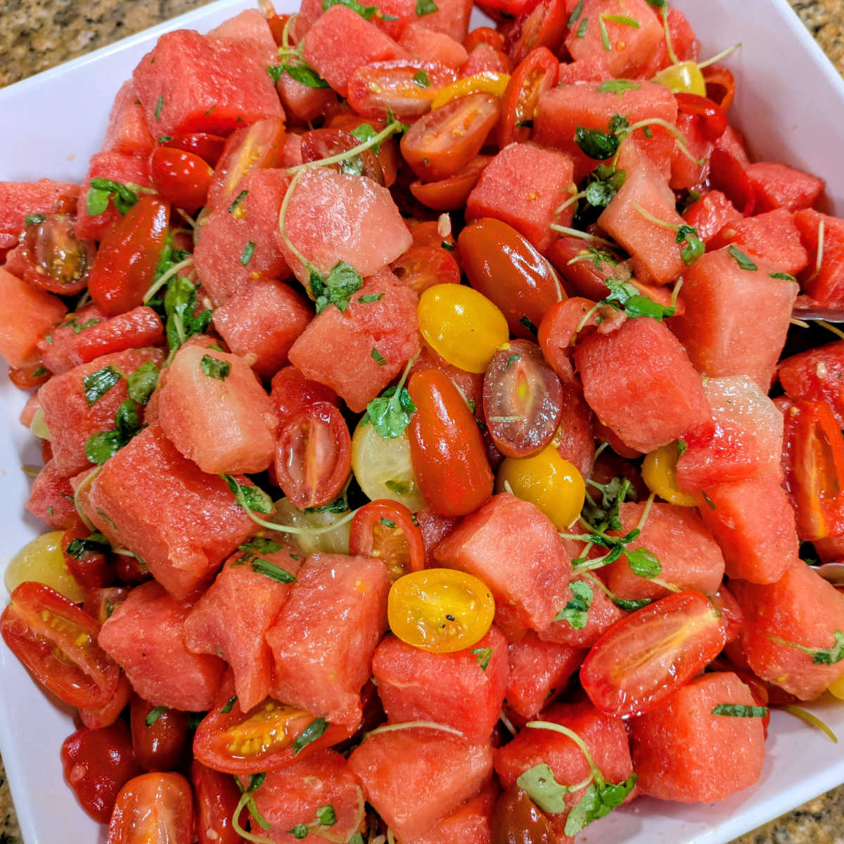 plant based heirloom tomato watermelon salad