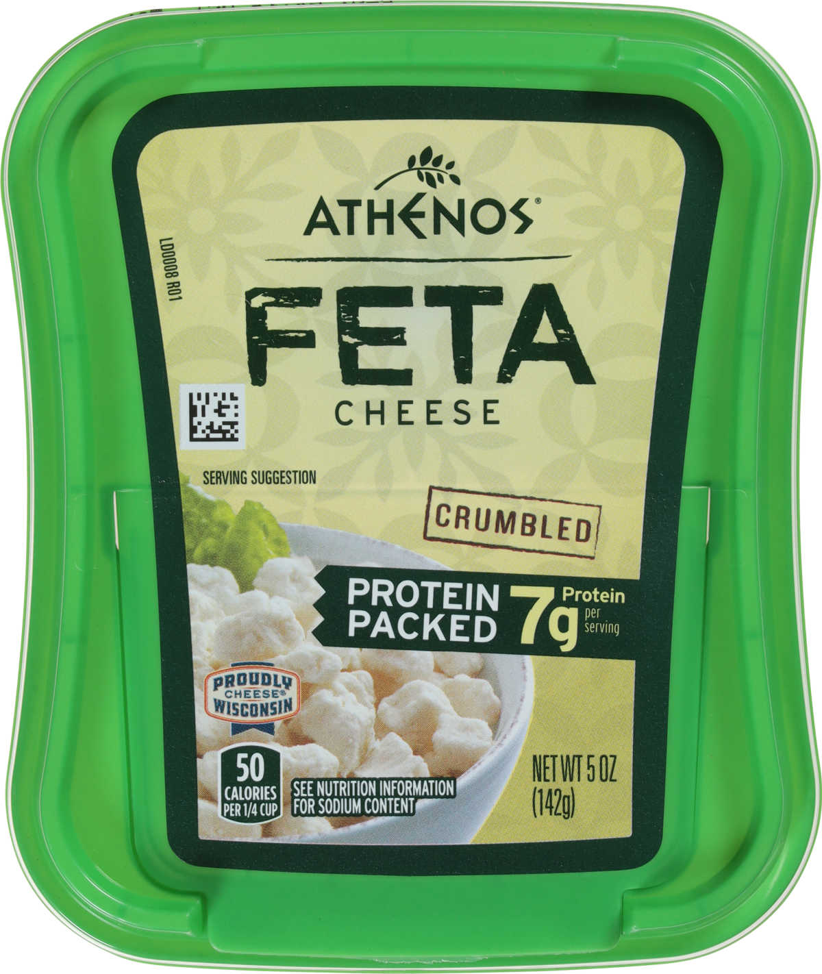 Athenos Protein Packed Crumbled Feta is a good quality cheese that offers 7g of protein per serving. It features a good texture that is firm enough for salads and tastes just like regular feta—an easy way to get extra protein in salads, eggs, and avocado toast!