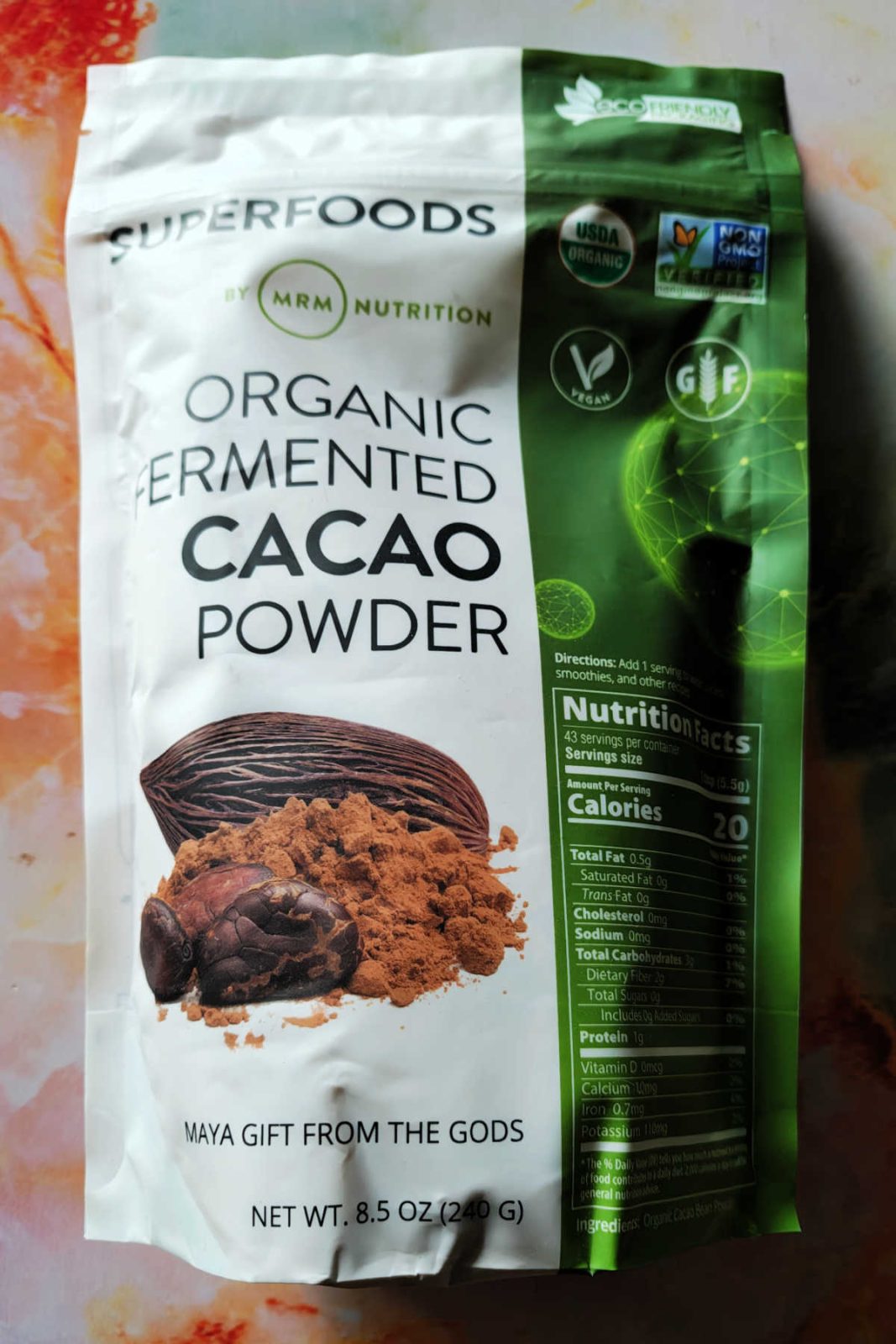 MRM Organic Fermented Cacao Powder is a 100% cacao superfood that is USDA Organic, Non-GMO, and caffeine-free. With a very fine texture and a convenient resealable package, it is easy to add to smoothies and baked goods for a rich, fabulous flavor! 🍫
