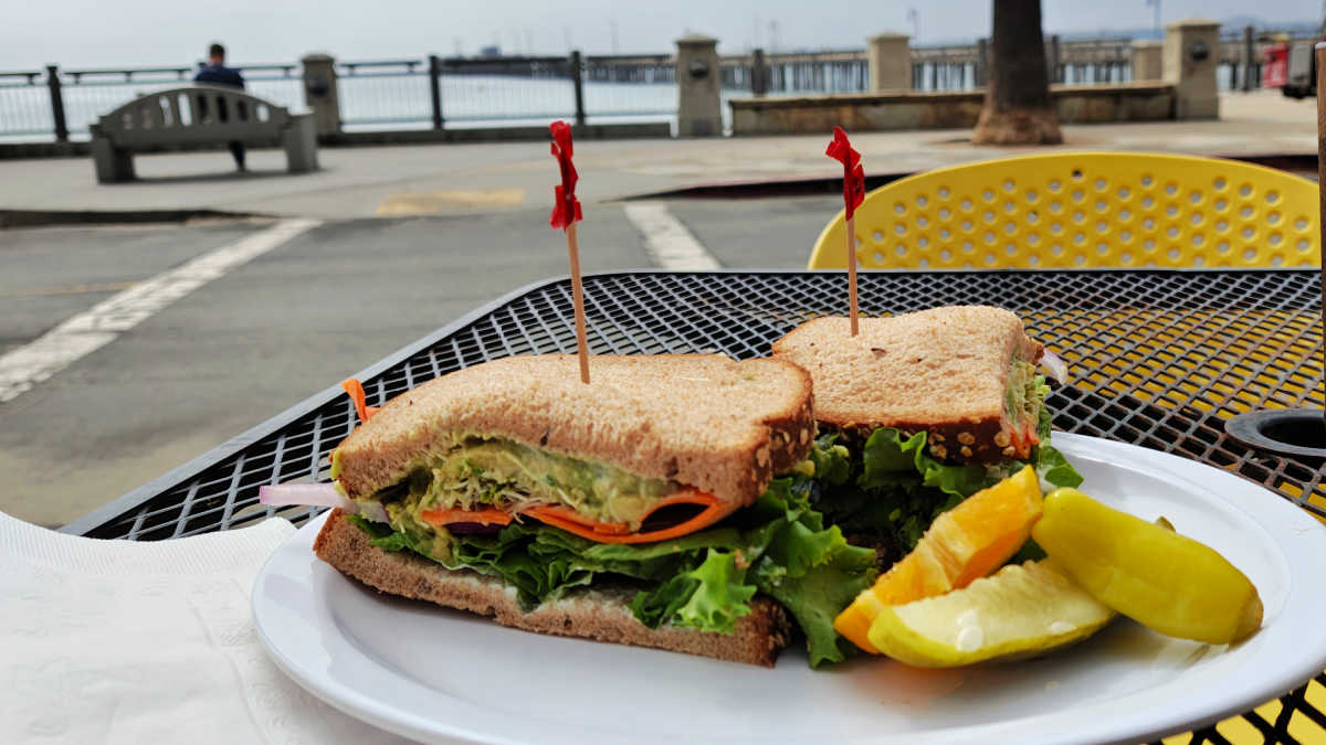 hula hut veggie sandwich view of avila pier